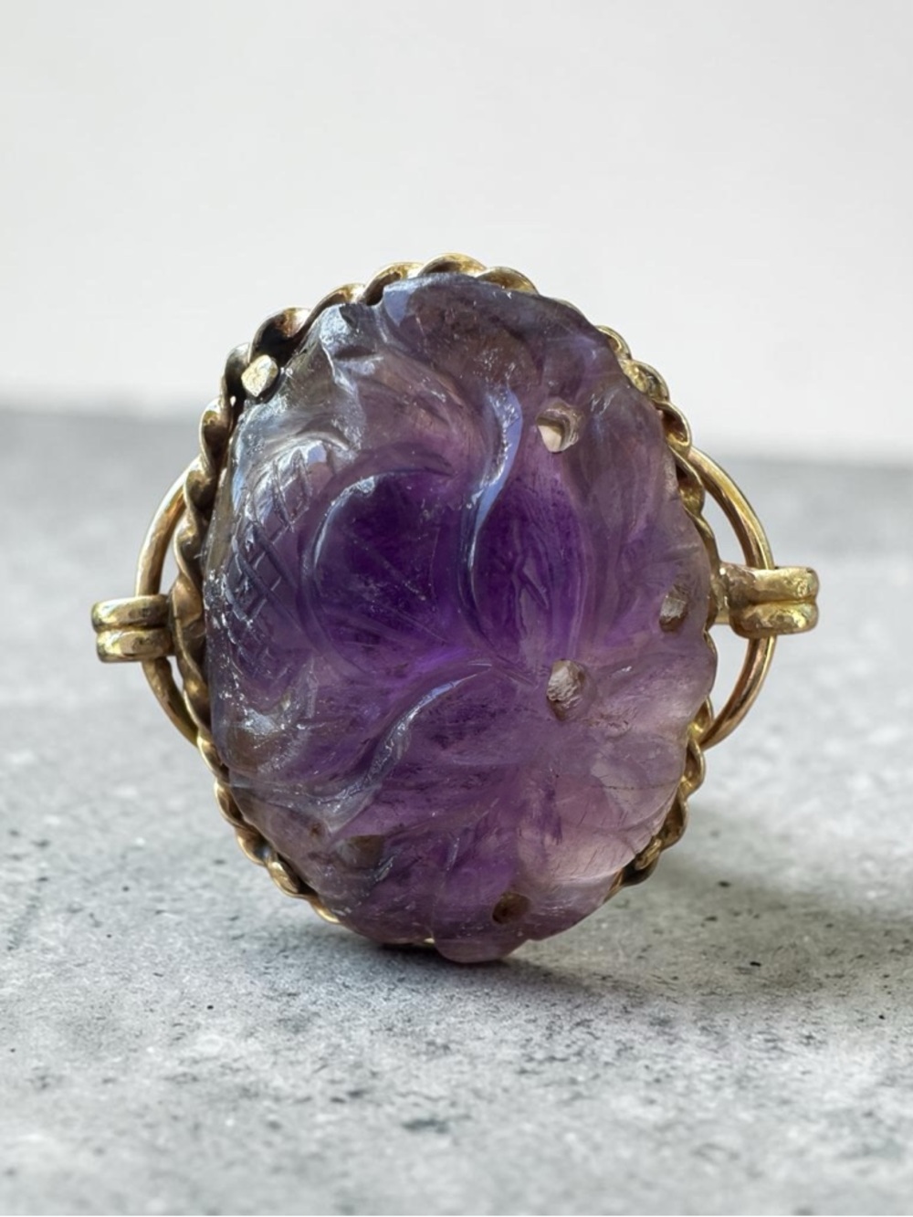 Exquisite Hand-Carved Natural Amethyst Statement Ring size 5